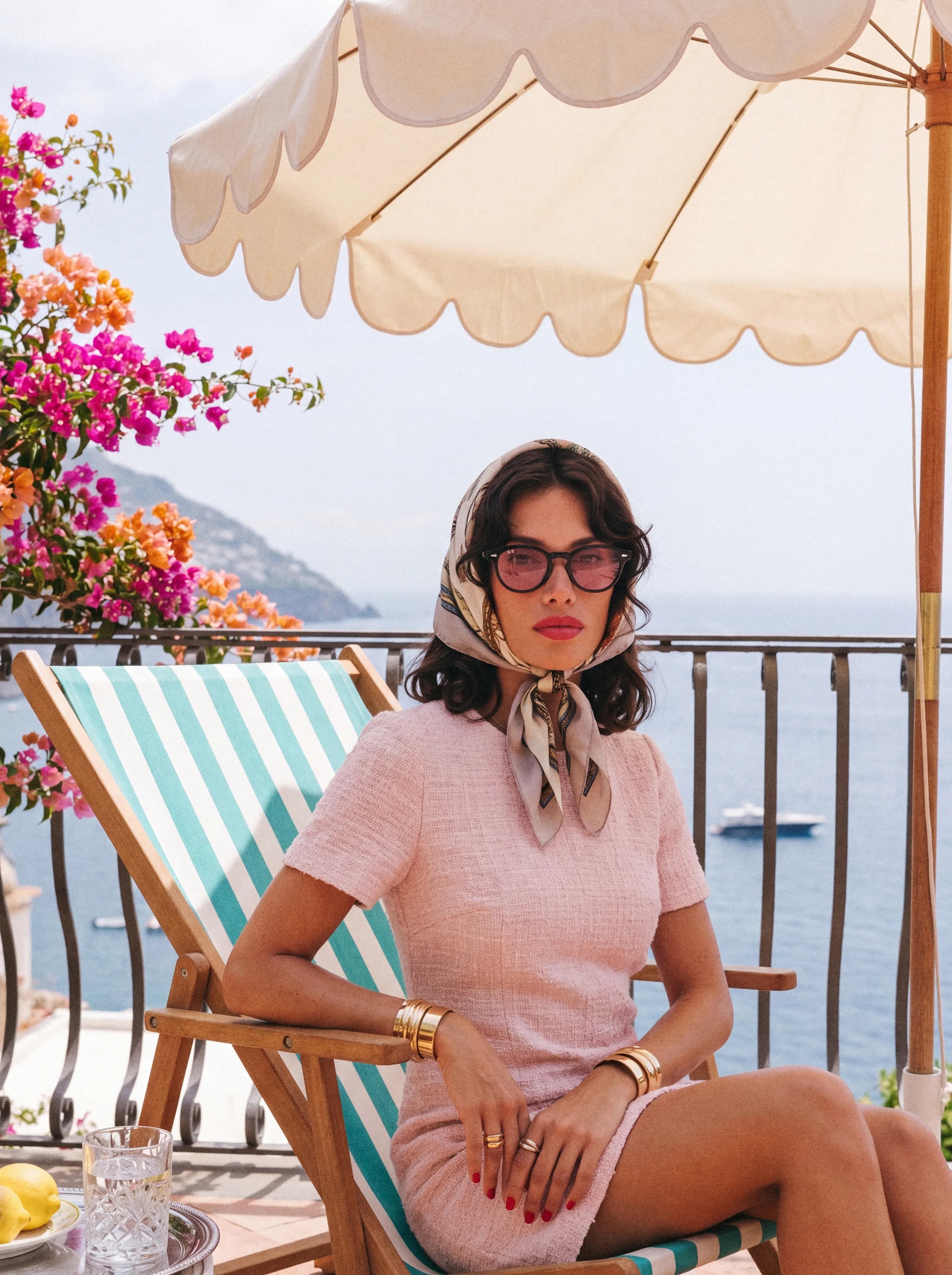 Des lunettes Maison Vista posées sur le pont d’un yacht, à côté d’un livre ouvert et d’un chapeau de paille